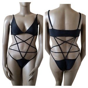 WIDOW One Piece Swimsuit Womens XL Black Pentagram Goth Cheeky Deep Sea Abyss